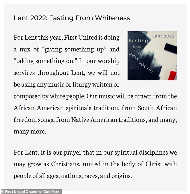 The church said they would be fasting from whiteness by not using music written or composed by white people but focus on music from other cultures